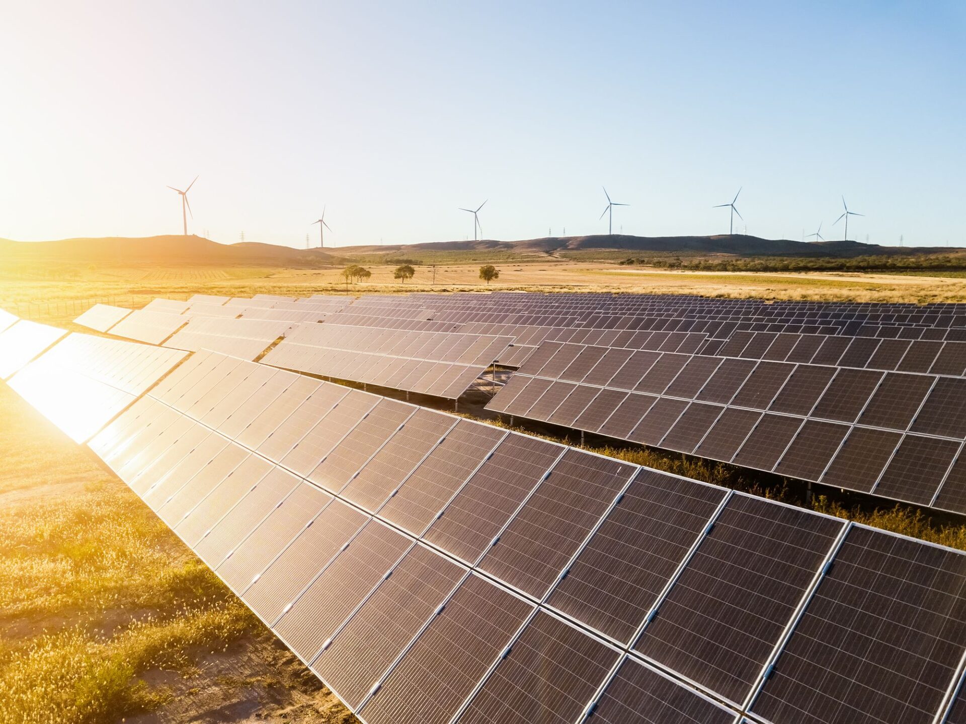 A Large Solar Panel Farm with Wind Farms in the background